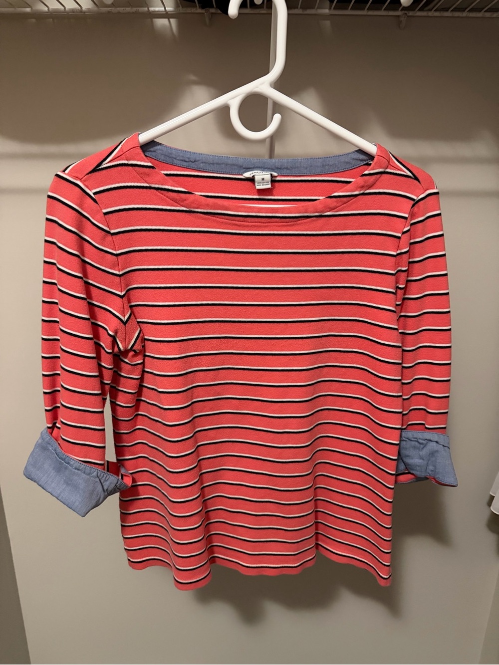 Nautica Coral and Navy Striped Long Sleeve Top with Chambray Cuffs